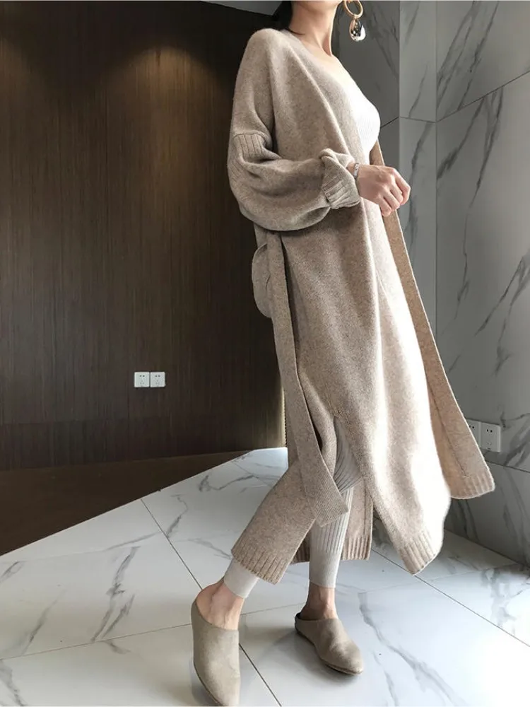 Autumn and winter new Korean version of 100% cashmere cardigan loose  long over the knee network red sweater coat knitwear