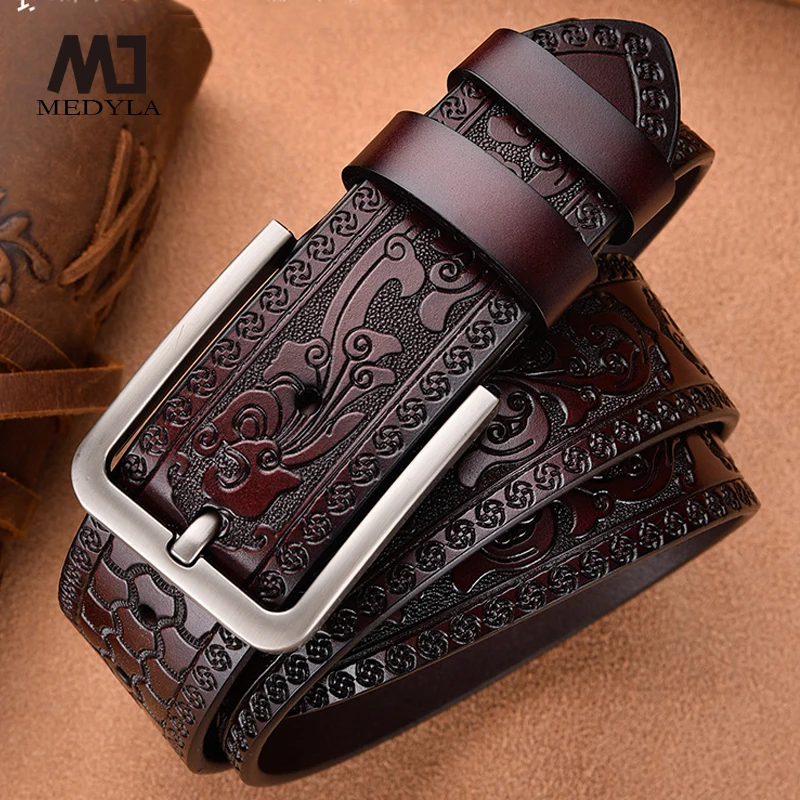 MEDYLA Men\'s Genuine Leather Belt Official Authentic High Quality Cow Leather Belt Strap Men Belt Carved Craft Leather Belt