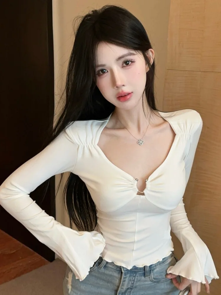 Slim Fit Knitted Base Shirt Women's Spring Summer New Sexy Waist Cinching Slimming Inner Wear T-Shirt Top Pure Desire Style