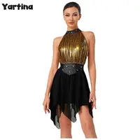 Leotardo de Ballet y gimnasia con diamantes de imitación metálicos para mujer, vestido de patinaje artístico fruncido, traje de danza lírica contemporánea moderna