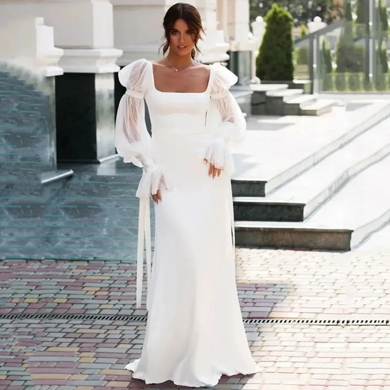 Simple Wedding Dresses Square Neck Backless Bubble Sleeve Ankle-Length Wedding Dresses For Wedding Bridesmaid Birthday Holiday