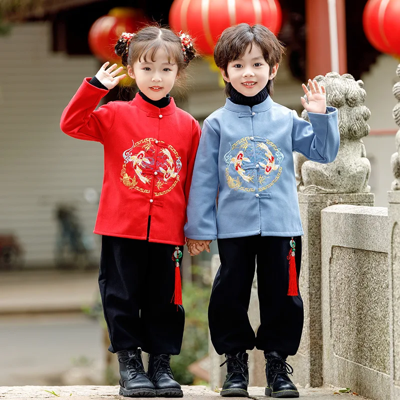 

Girls' New Year's Eve Costume, Hanfu, Tang Chinese Style, Plush And Thickened Winter Boys' First Year Dress, Siblings Set Pants