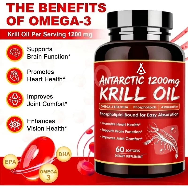 Krill Oil 1200mg Contains Omega-3 EPA and DHA Astaxanthin, Phospholipids, and Choline -60 Soft Capsules