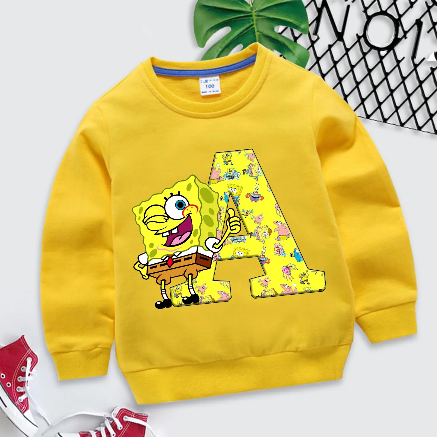 Spongebob Thin Hoodie for Children 26 Letter Sweatshirt Fashion  Yellow Clothing Cartoon Cotton Caftan Kids Round Neck Clothes