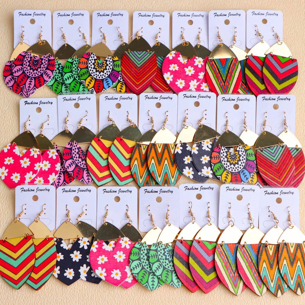 20Pairs/Lot Tie Dye Colorful Abstract Women\'s Wooden Earrings Bohemian Retro Hollow Hanging Earrings Daily Holiday Jewelry
