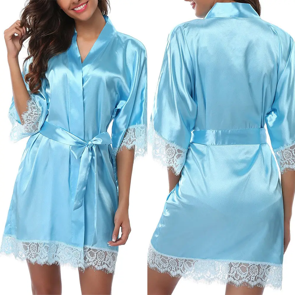 Vestido de seda para mulheres, pijamas femininas, mini robe, meia manga, roupão de renda, lingerie sexy, vestido de noite, camisola tangas