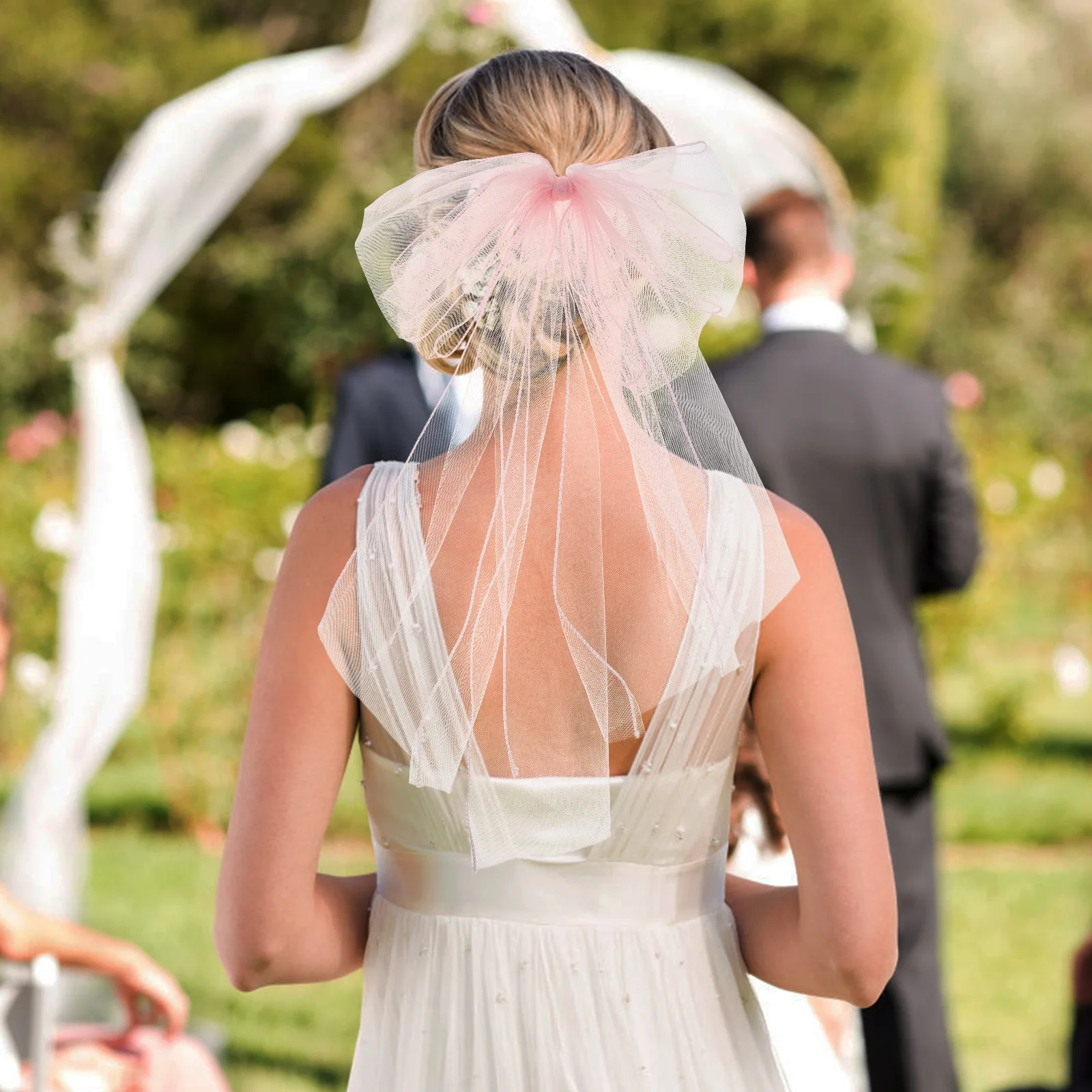 Accessori per capelli da sposa Velo con fiocco rosa per la sposa, damigella d'onore, festa di nozze, fascia in rete, fermaglio per capelli corto in tulle da sposa
