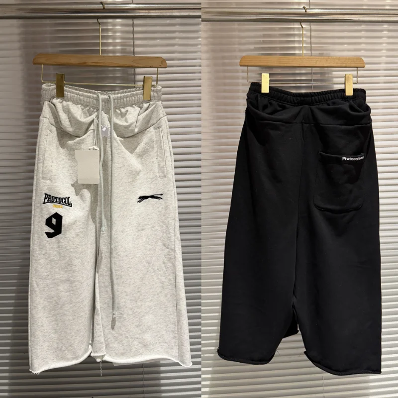 Protocol Drawstring Sweatpants Alphabet Embroidery Splicing Seven Part Trouser Waist Pants Men Women