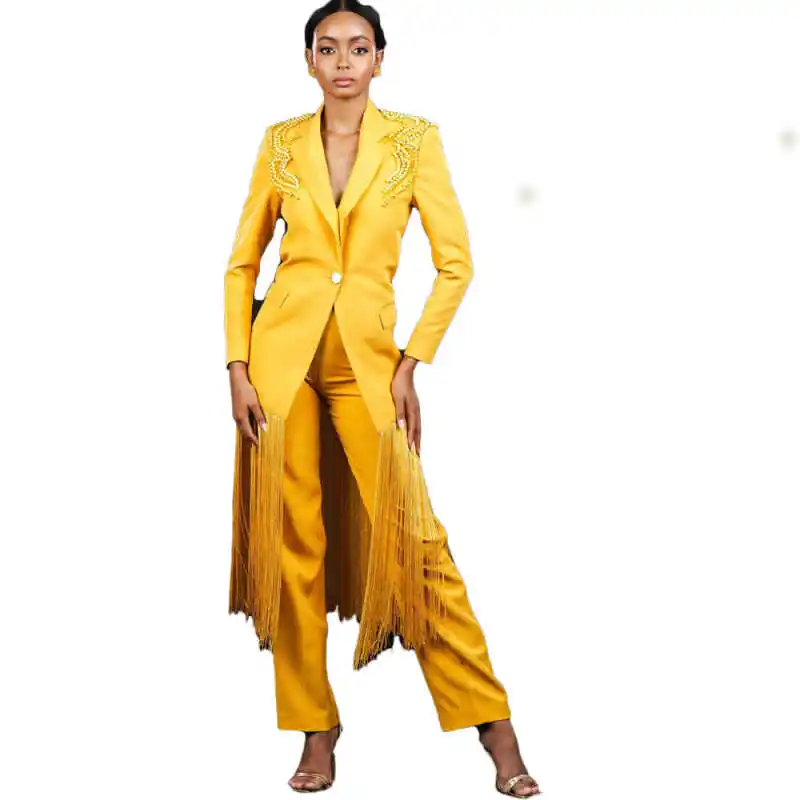 Vintage One Button Women 2 Pieces Power Pants Jacket Tassels Beads Pearls Long Blazer Plus Size Customized Daily Dresses
