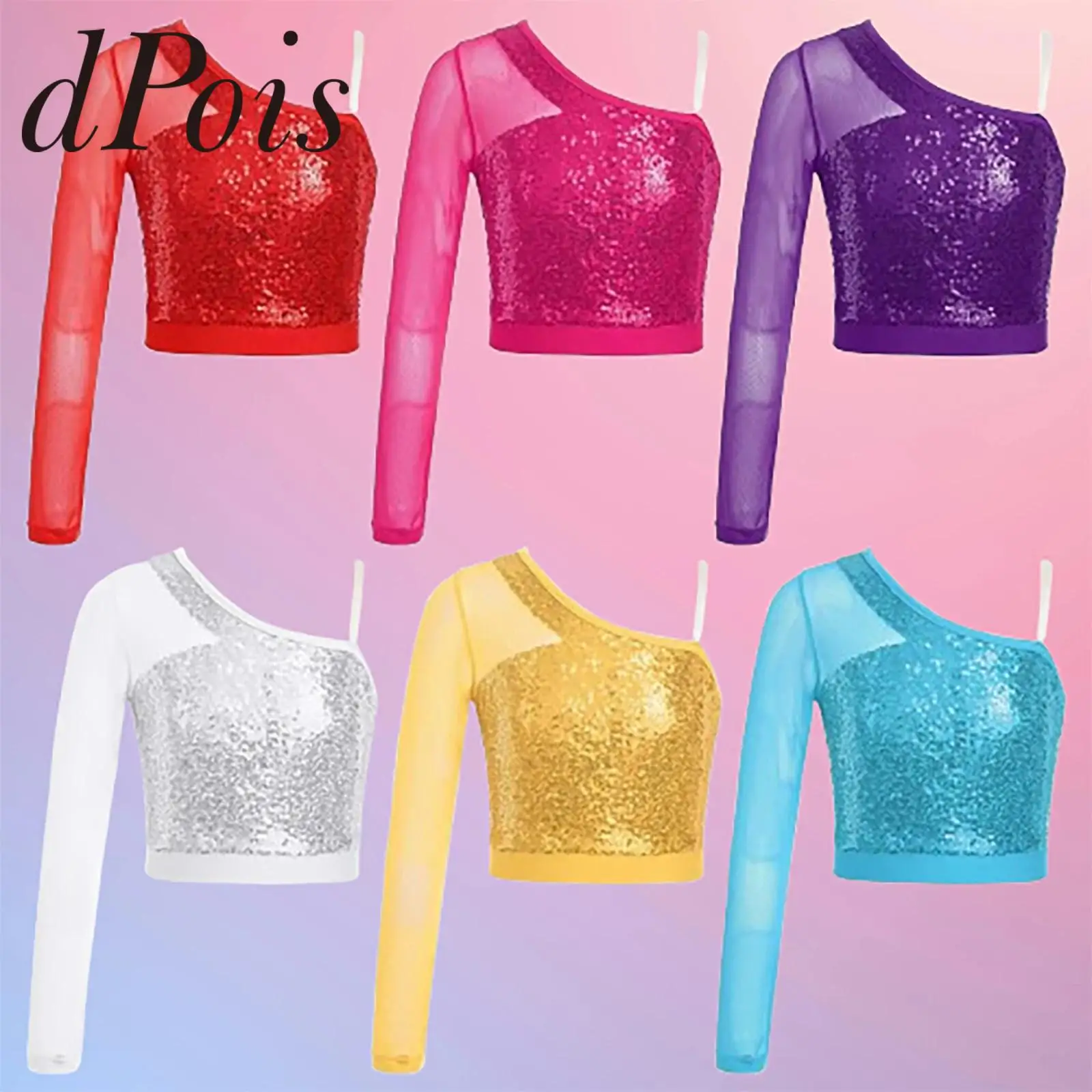 

Укороченный топ для танцев с блестками для девочек, футболка для джазовых танцев, топы на одно плечо для черлидинга, музыкального фестиваля, вечеринки, костюм в стиле хип-хоп, дискотека
