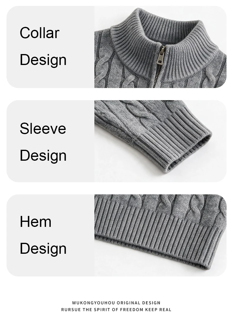 Herbstmode-Pullover für Herren mit Stehkragen, Old-Money-Jacquard, Reißverschluss-Cardigan, einfarbig, schlichter Stil, Strickware – Detail 7