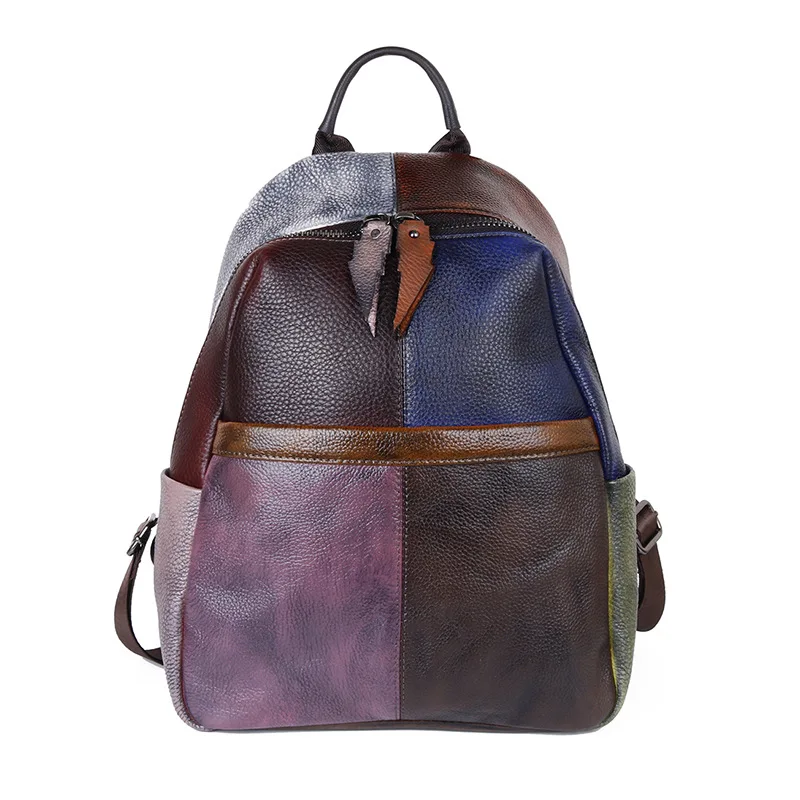 Johnature 2024 New Genuine Leather Vintage Women Backpack Panelled Hand-wiping Random Color Mixing Large Capacity Travel Bags