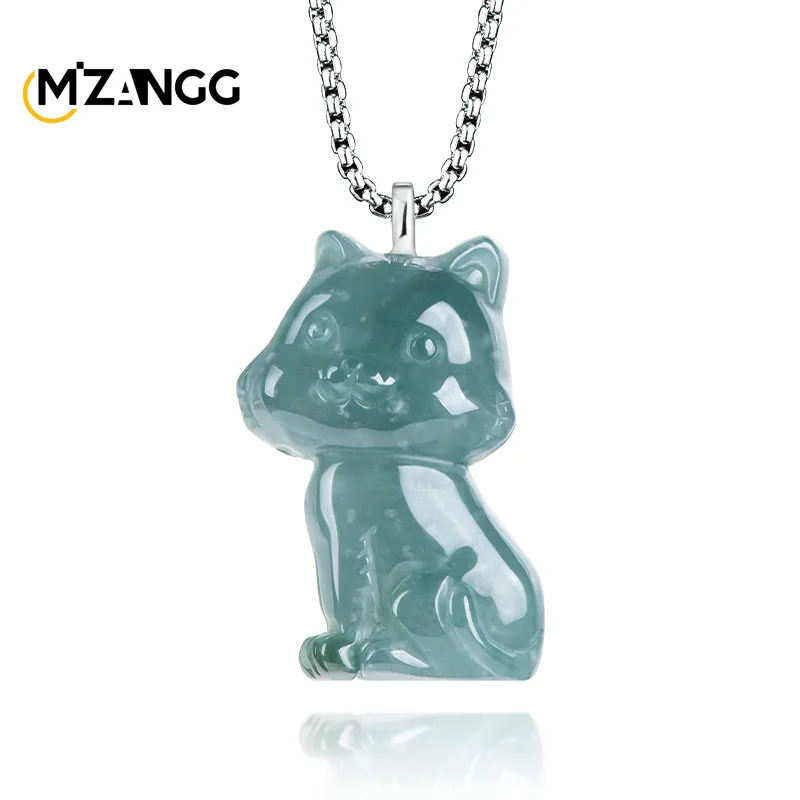 Authentic Natural Jadeite Blue Water Three-dimensional Cat Pendant Hand-carved Cute Simple Men's and Women's Necklace Mascot