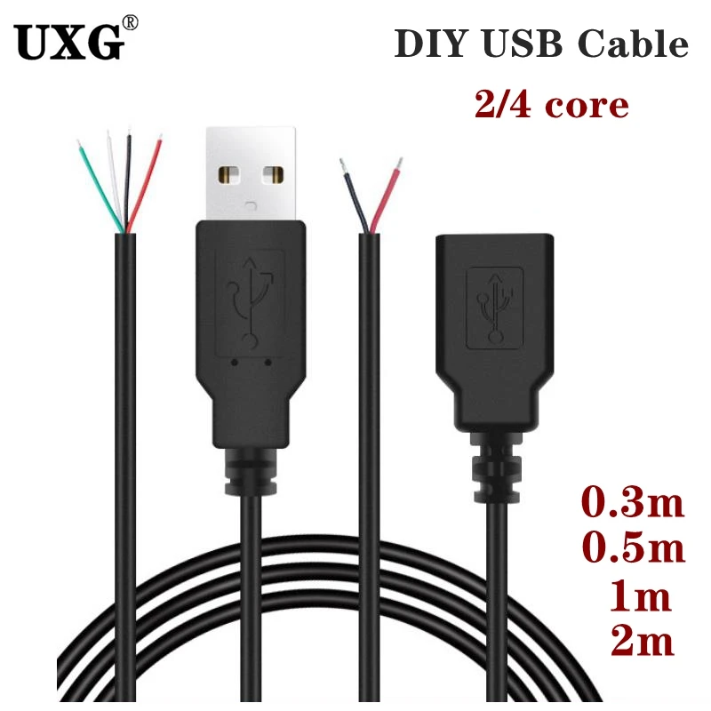 DIY USB Power Supply Cable 2 Pin USB 2.0 A Female Male 4 Pin Wire Jack Charger 5V Charging Cord Extension Connector 0.3m/1m/2m