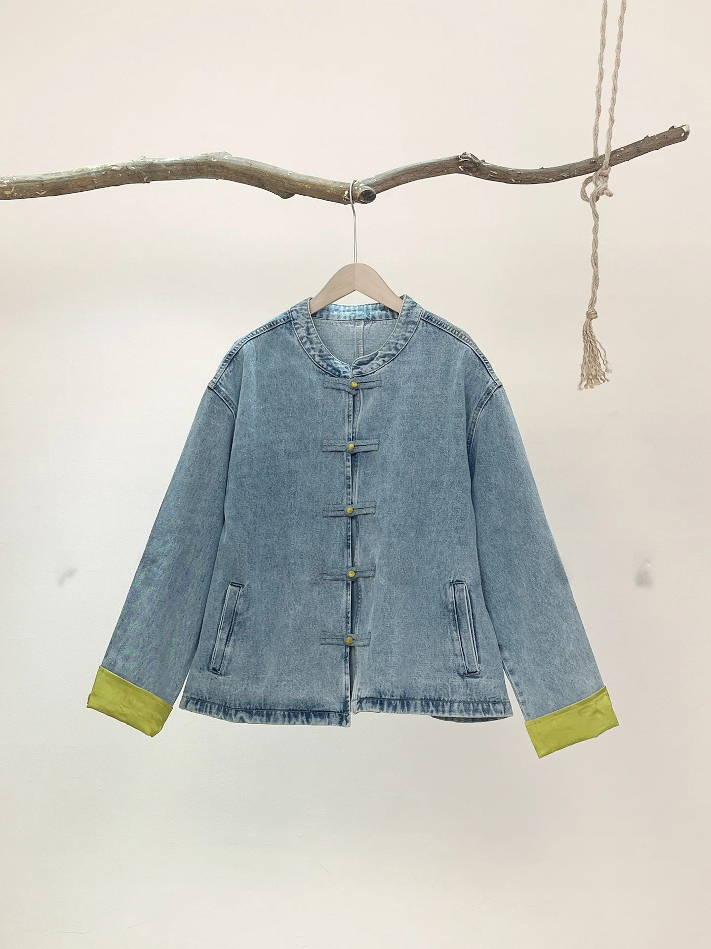 

PTHERINE Nuo Qing an Hand Sve Color Blo Versatile Denim Jaet Retro Sle Women's ort Outerwear Cotton Polyester Blend