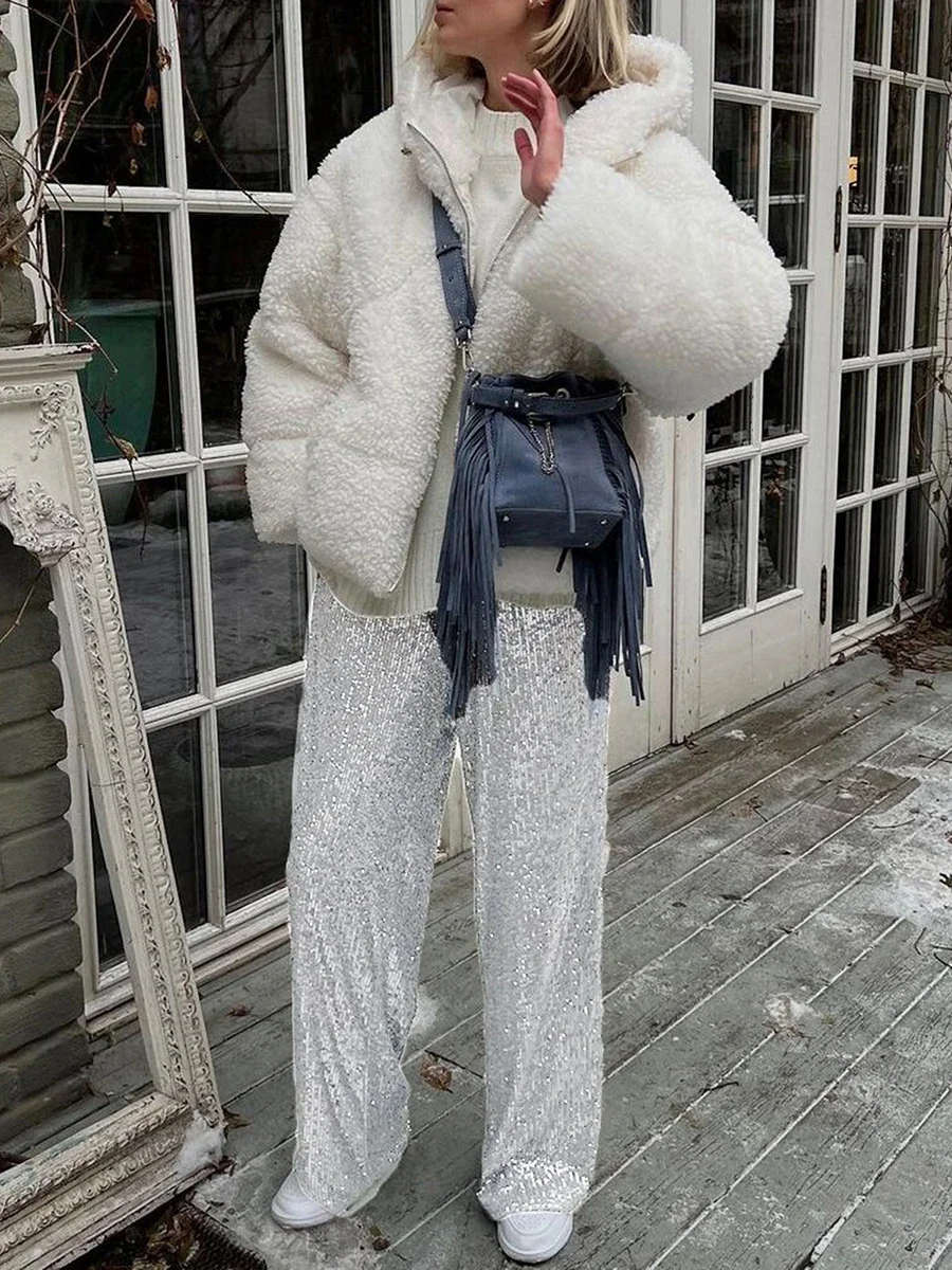 Pantalones de pierna ancha con lentejuelas Vintage para mujer, pantalones de cintura alta elásticos informales sueltos y brillantes para trabajo, ropa de calle de oficina