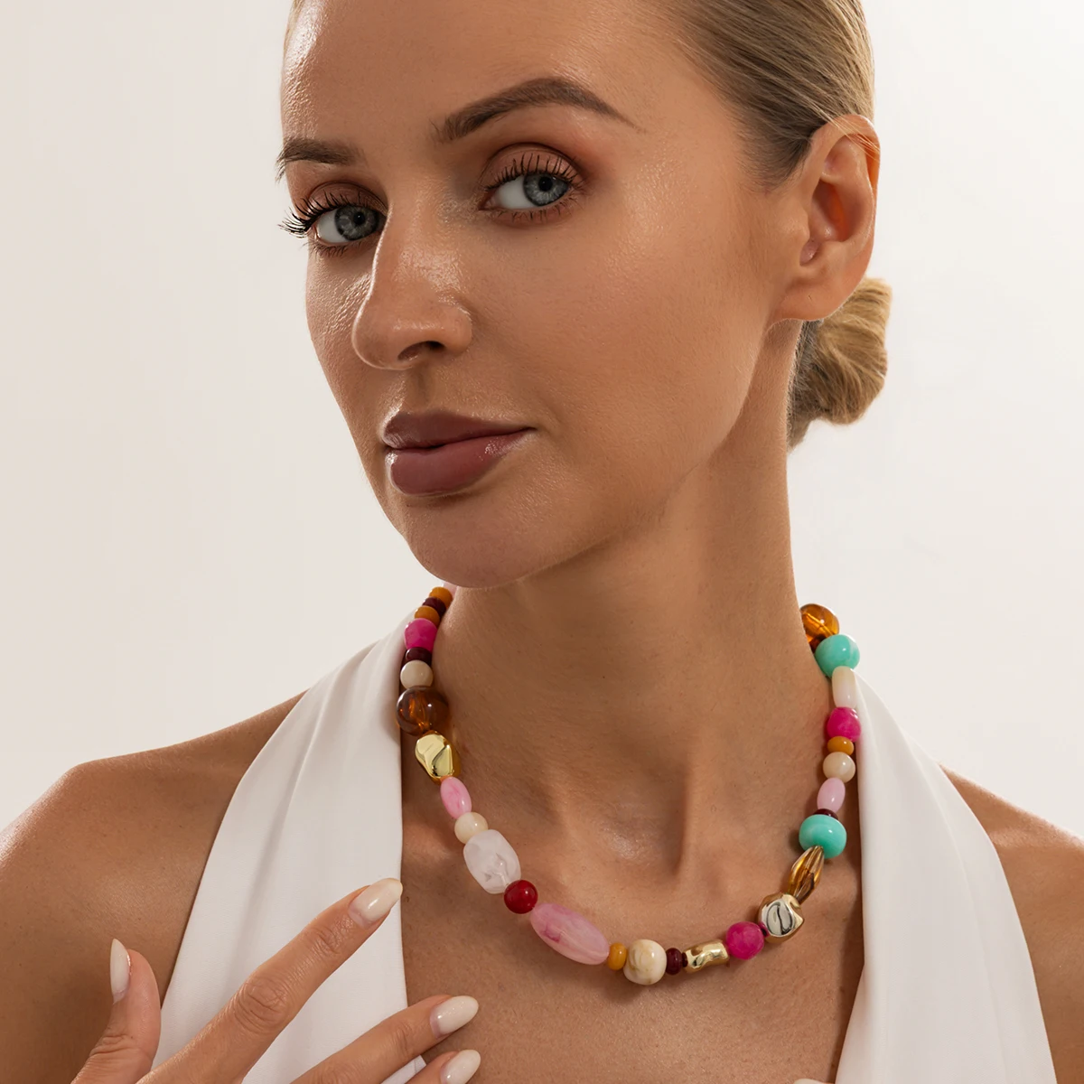 Ingemark Boho Bunte Harz-Acryl-Perlen-Choker-Halskette für Damen, Elegante Verstellbare Schlüsselbein-Kette, Y2K Schmuck-Accessoires – Detail 5