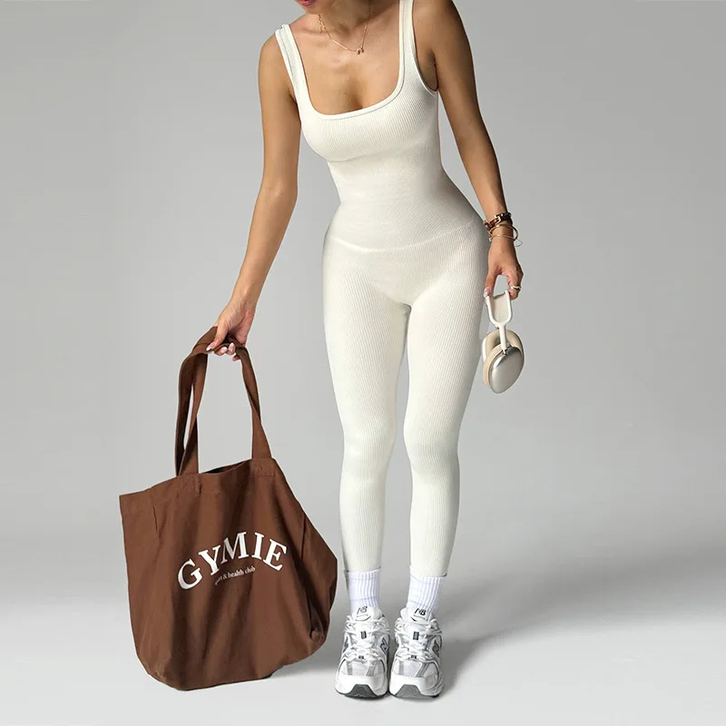 Women's One Piece Fitness Jumpsuits Seamless Slim Tracksuit High Elastic Gym Workout Bodysuit Ribbed Knited Hip Lift Jumpsuits