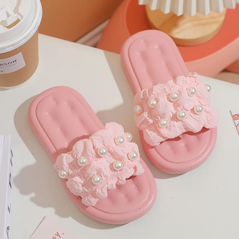 Slippers Princess Wind Pearl Puffs Girls Little Girl Slippers Soft Bottom Outside Penetrating Air Sandals