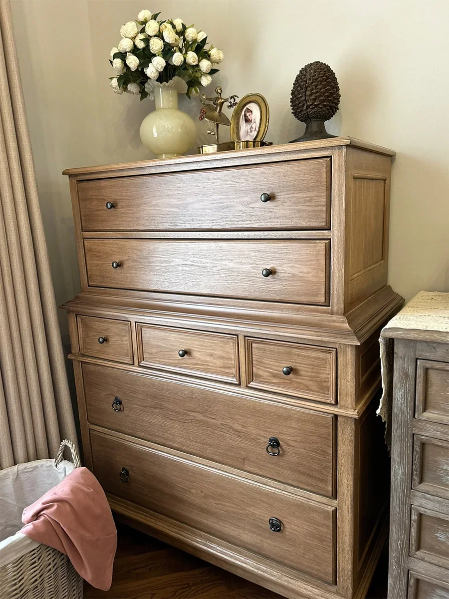 American bedroom solid wood chest of drawers, multi-functional storage high chest of drawers, French retro wall