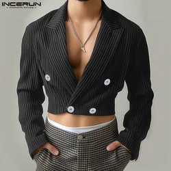 INCERUN Men Blazer Striped Lapel Long Sleeve Streetwear Double Breasted Casual Suits Men 2024 Autumn Fashion Crop Coats S-5XL