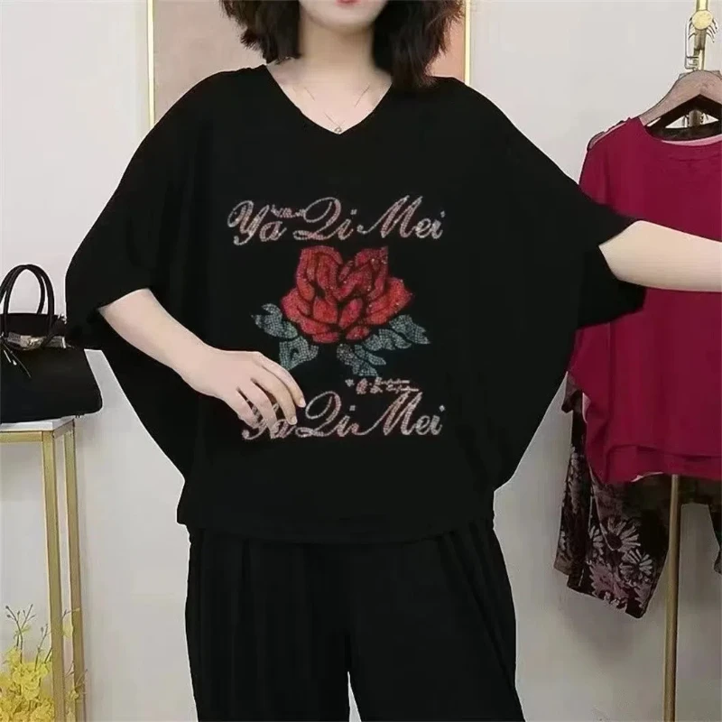 女性のダイヤモンドプリントのカジュアルな夏のTシャツ,ラウンドネック,バットウィングスリーブ,ルーズで快適,新しいファッション