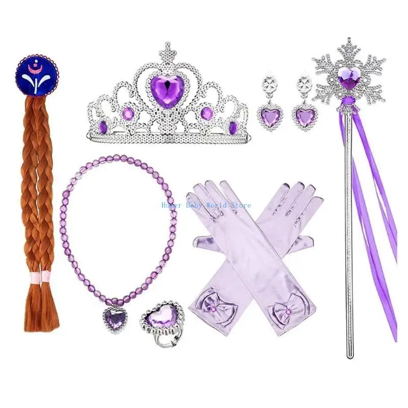 

B2QD Girls Princess Accessories Dress Up Clothing Set Gloves, Crown, Earrings Necklace and Hair Braid for Girls' Cosplay