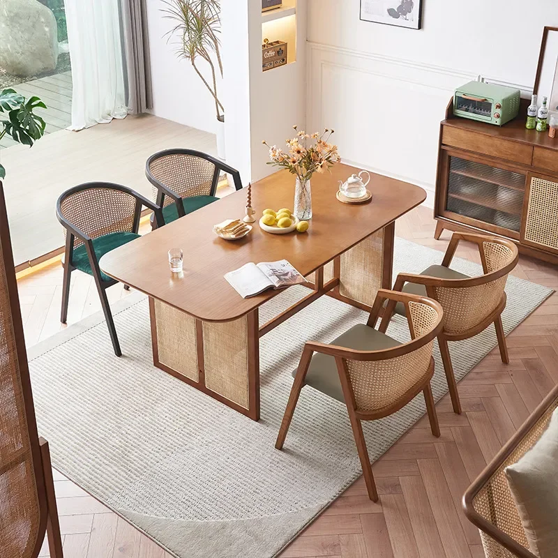 Nordic Solid Wood Dining Table Set with Japanese Rattan Chairs Simple Style for Restaurant Hotel Commercial Use Complete