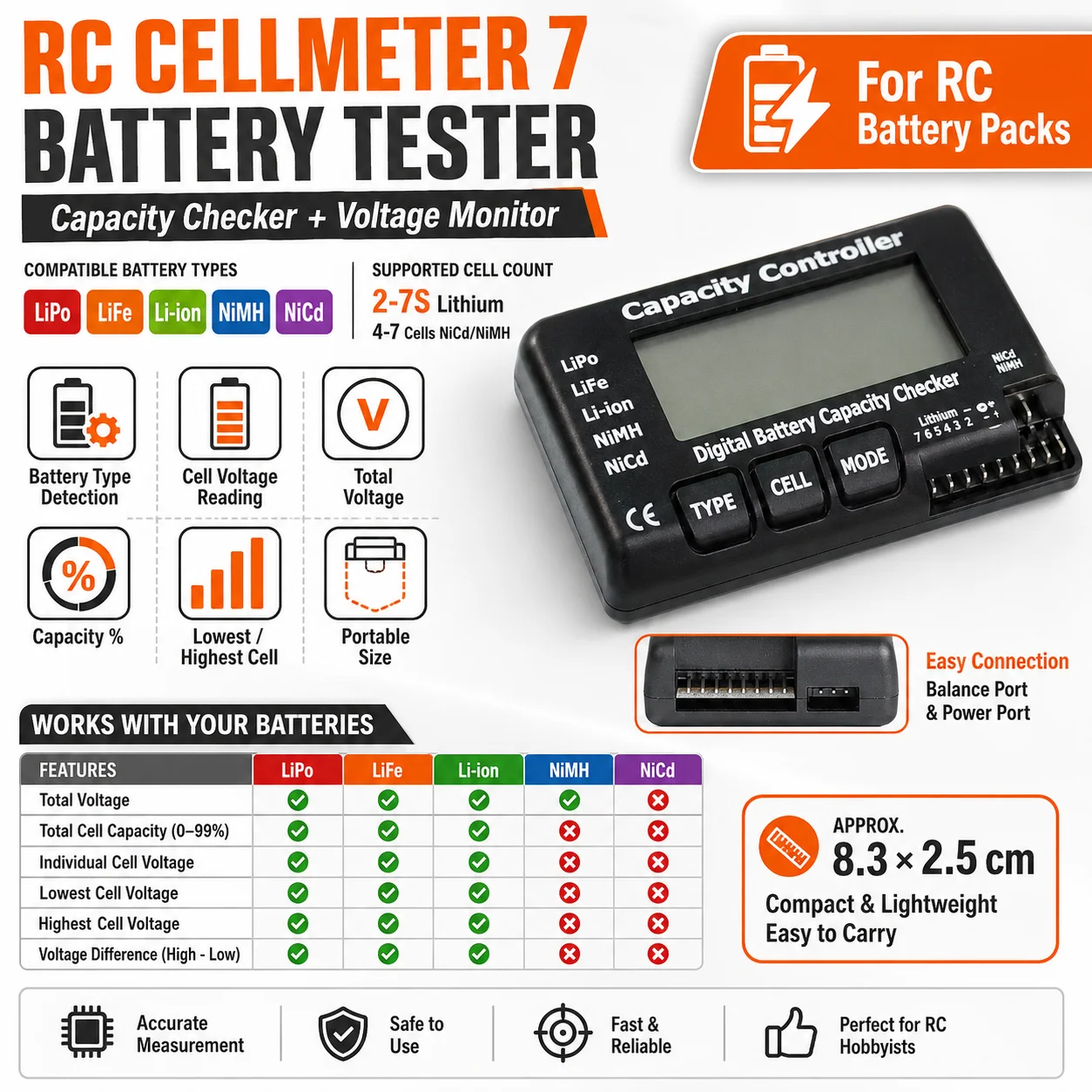 Digital Cellmeter Battery Capacity Checker Capacity Controller Tester Voltage Tester for RC LiPo Life Li-ion NiMH Nicd Battery