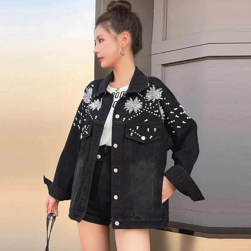 

Fashion Nail Bead Denim Jacket For Women's Spring Autumn Coat 2025 New Loose Retro Street Jacket Jeans Outerwear Top Female