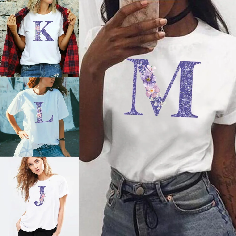 TShirt Women 2022 Fashion Harajuku Summer Top Tee Couple Casual Cartoon Purple Flower Letter  Print Short Sleeve T Shirt