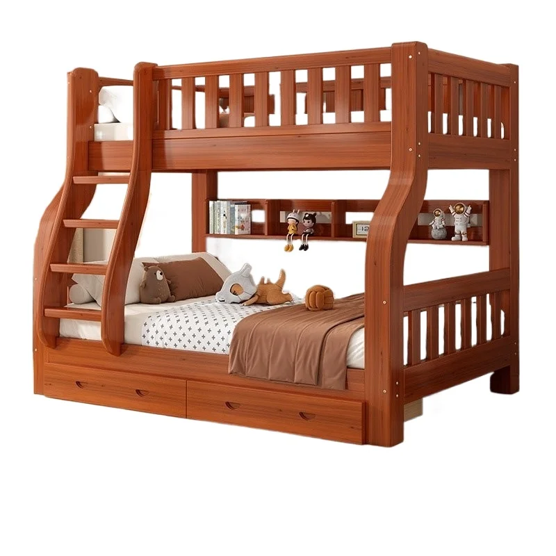 เตียงสองชั้นไม้จริง แบบสูงต่ำ เตียงไม้สองชั้นบนล่าง สำหรับอพาร์ทเมนต์ขนาดเล็ก แบบอเนกประสงค์