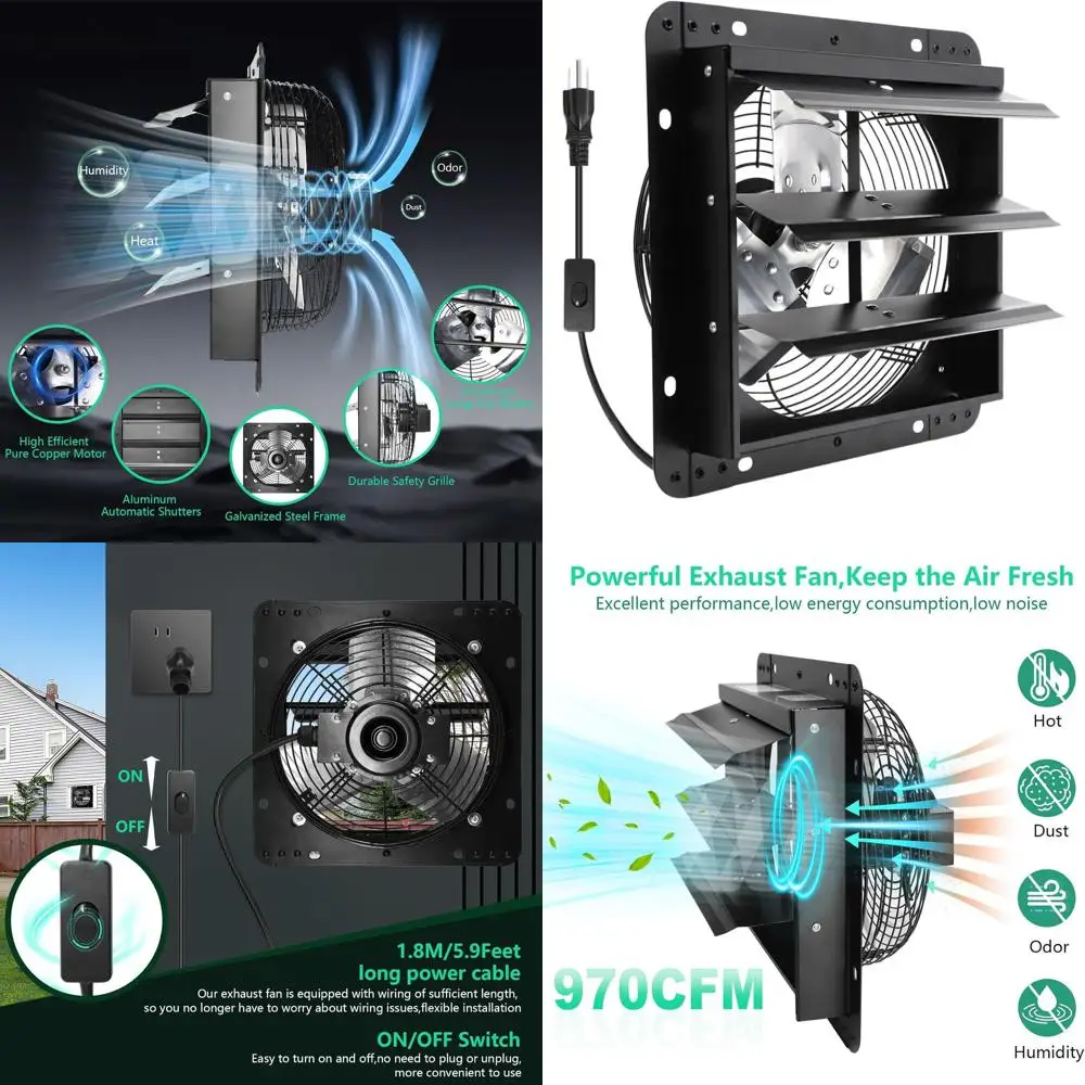 

12 Inch Wall Mount Exhaust Fan with ON/OFF Switch, Ideal for Attic, Greenhouse, and Barn Ventilation, 970 CFM at 1680 RPM