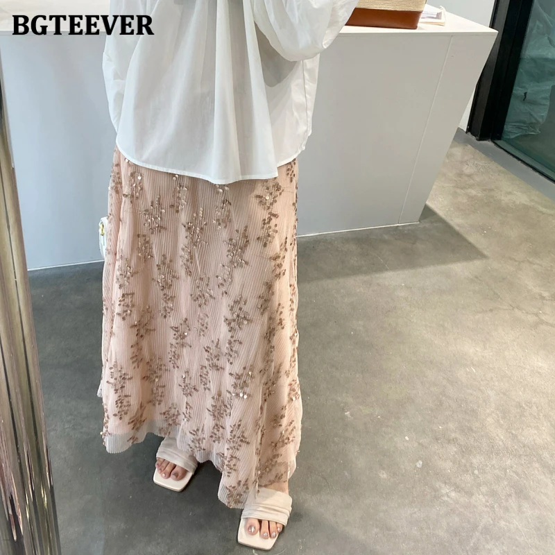 

BGTEEVER Stylish Elastic Waist Loose Sequins Skirts for Women Spring Summer Elegant Women A-line Skirts Ladies Long Skirt