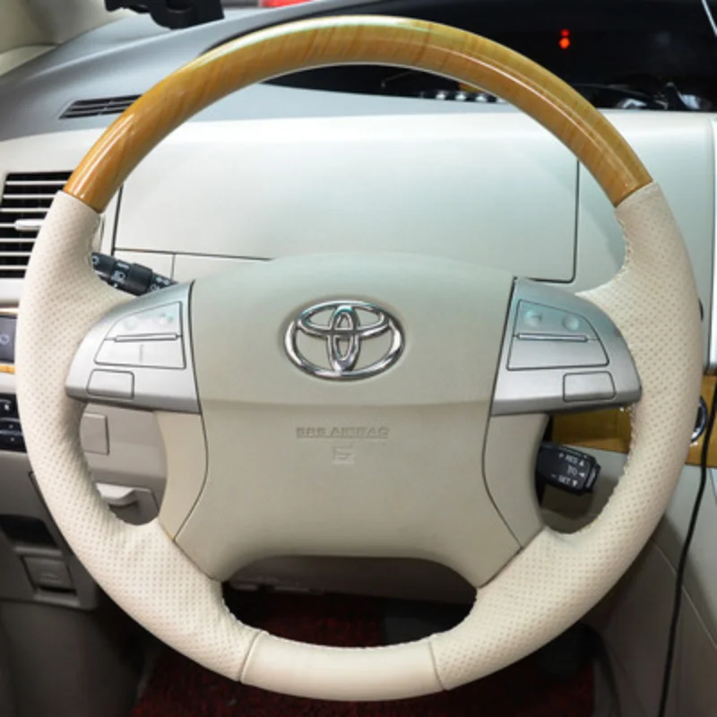 DIY Hand Sewn Leather Peach Grain Car Steering Wheel Cover Interior Handle Cover for Toyota Previa