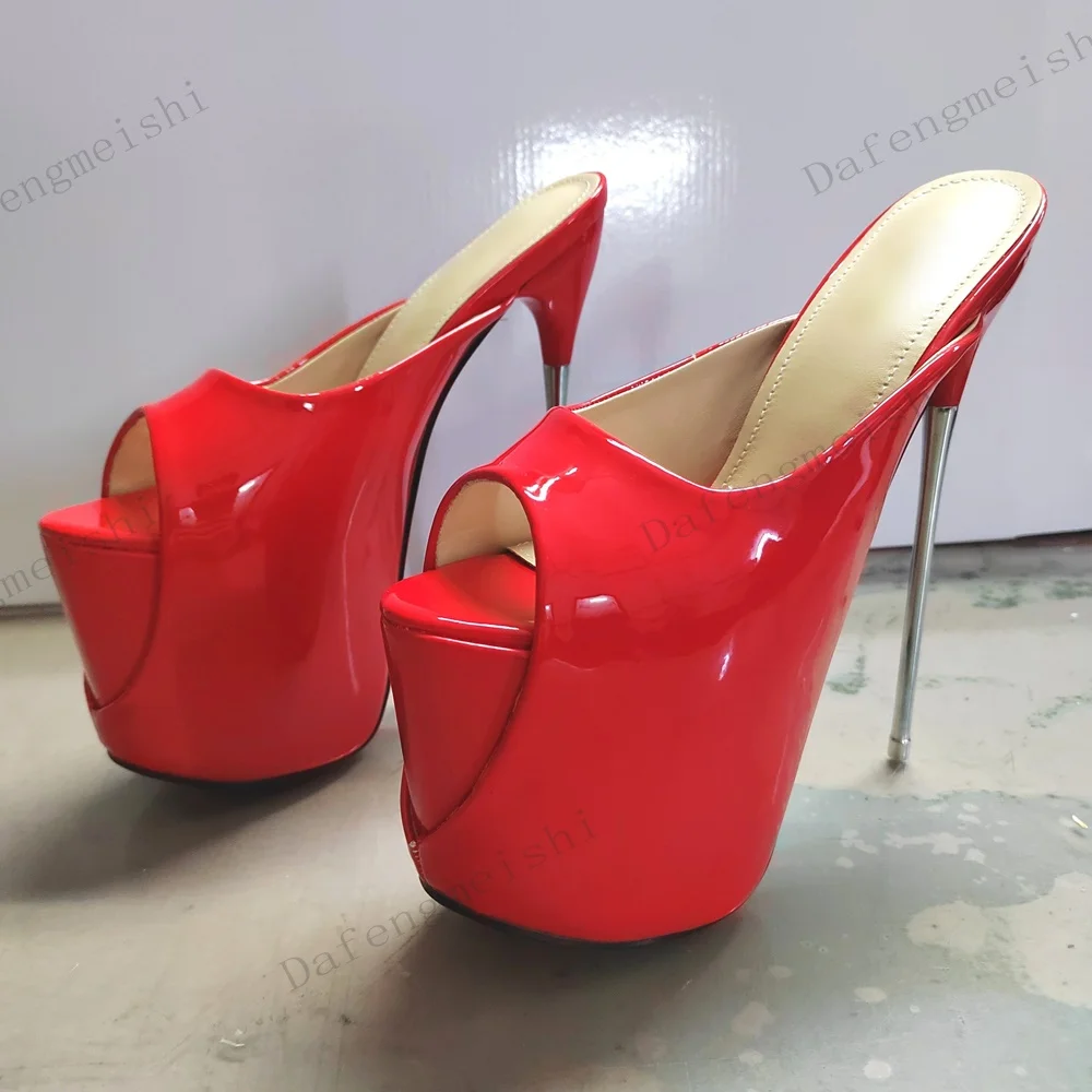 Women Peep Toe Platform Mules Slipper Patent Leather 20Cm Metal Extreme High Thin Heel Slippers Nightclub Party Stiletto Heels