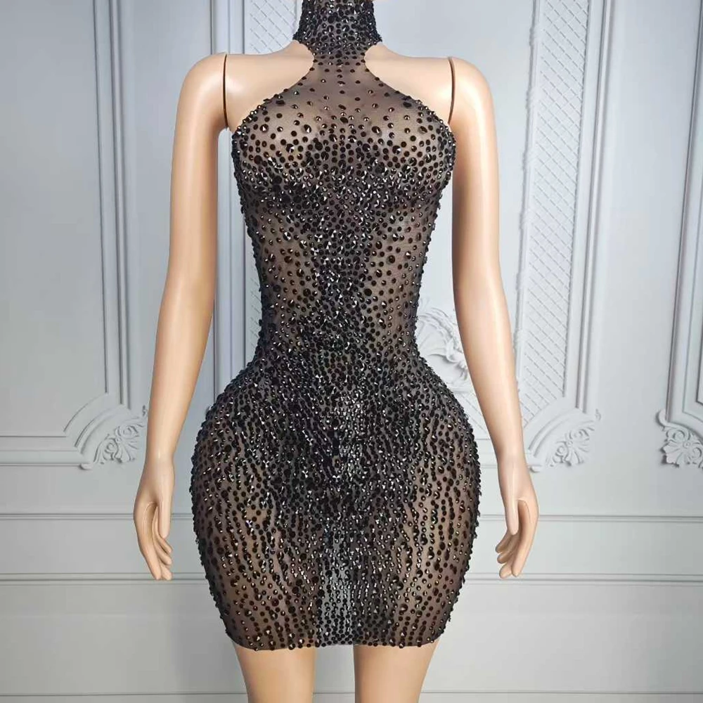 

Sparkly Rhinestones Short Dress for Women Sexy Sleeveless Transparent Evening Prom Birthday Dress Singer Photo Shoot Stage Wear