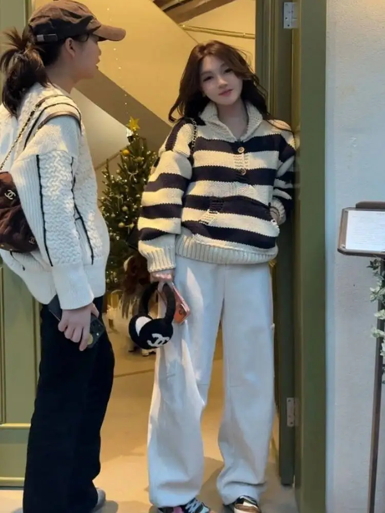 

Вязаный шерстяной свитер-пальто Oreo в полоску, женский, свободный крой, с длинными рукавами, осенне-зимняя повседневная верхняя одежда