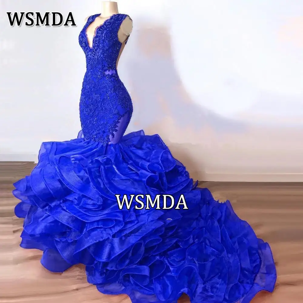 Luxury Royal Blue Lace Beaded Mermaid Evening Dresses Puffy Bottom Ruffles Long Prom Gowns Sexy Party Vestido Formatura