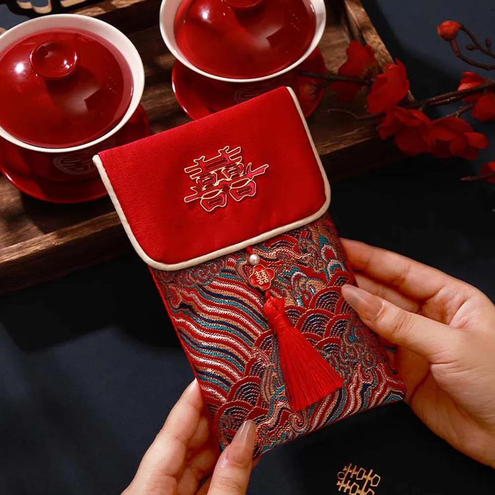 

New Year Blessing Words Brocade Red Envelope Spring Festival Brocade Cloth Tassel 2025 Money Pocket HongBao Best Wishes