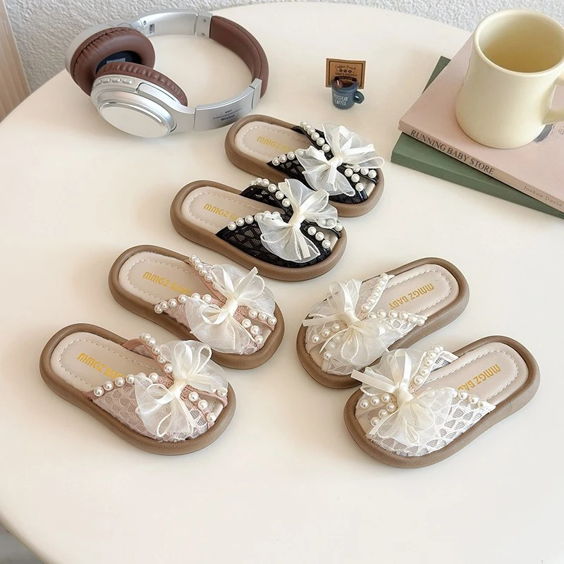 Toddler Girls Lace Bow Pearl Slide Sandals with Lightweight Comfortable Footbed Non-slip Rubber Sole Footwear
