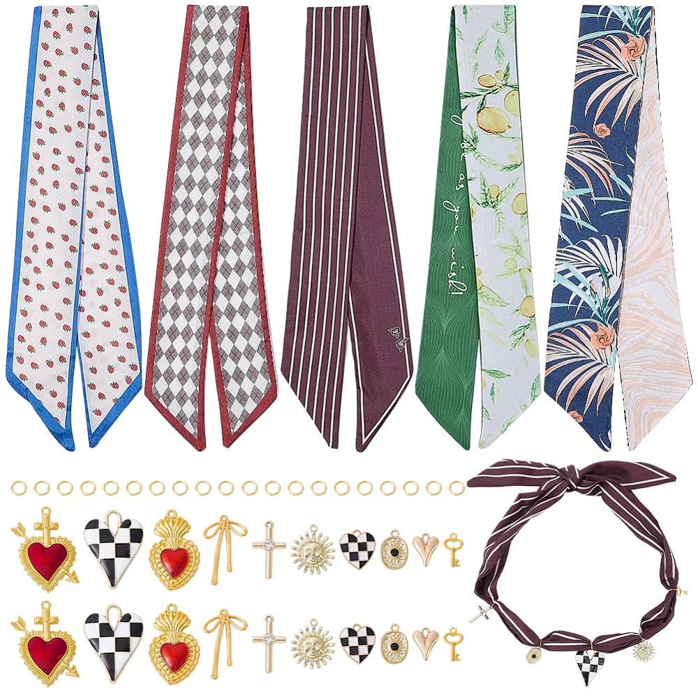 DIY Scarf Necklace with Charm 5 Bandana Choker with Enamel Heart Sun Bowknot Key Pendants 30 Jump Rings Boho Jewelry Scarf
