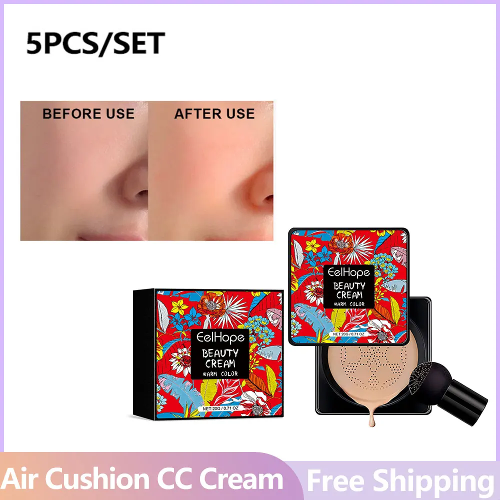 Cogumelo Cabeça Air Cushion CC Cream, Pó Puff, Hidratante, Brightening Foundation, Corretivo, BB Cream, Maquiagem Cosmética, 5Pcs por Conjunto