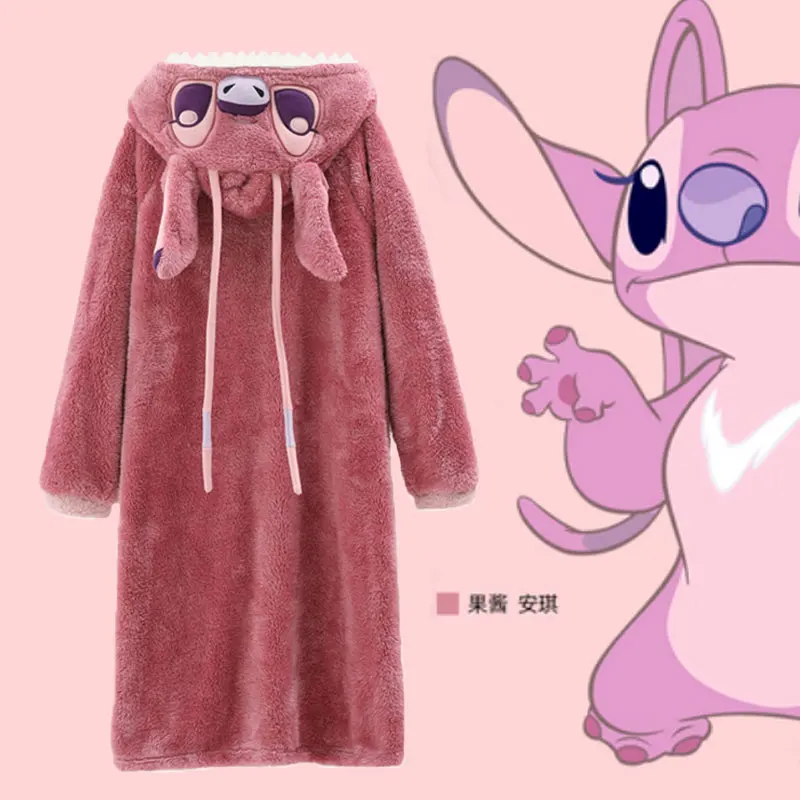 Cartoon Disney Stitch Couple Pajamas Coral Fleece Hooded Long Sleeve Couple Pajamas Winter Men\'s/Women\'s Loungewear Pajamas