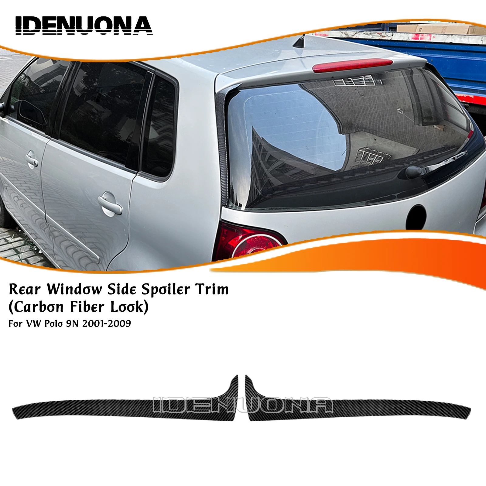 Cubierta de parabrisas trasero, alerón lateral para ventana trasera, embellecedor de ala, aspecto de fibra de carbono/negro brillante para Volkswagen VW Polo 9N 2001-2009