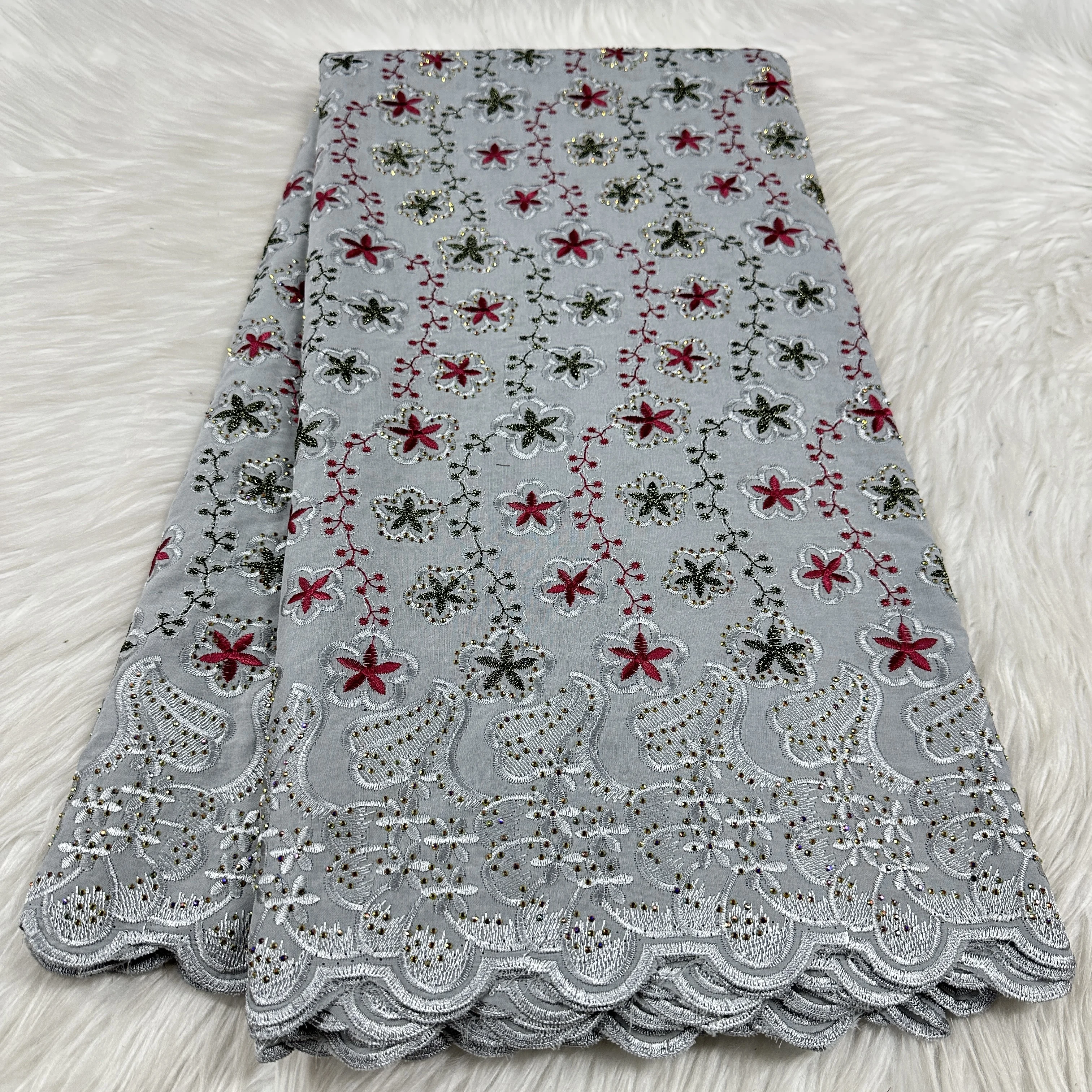 

Luxury 5Yards African Cotton Lace Fabric - Embroidered Swiss Voile With Stones For Wedding, Prom & Formal Dresses