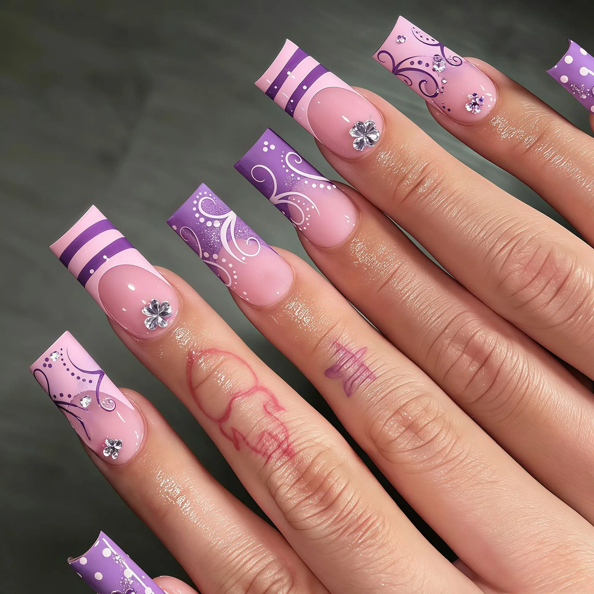 Polka Dot French Press on Nails Mid-length Coffin False Nails Polka Dot French Fake Nails Cute Polka Dot Pink French Simple Nail