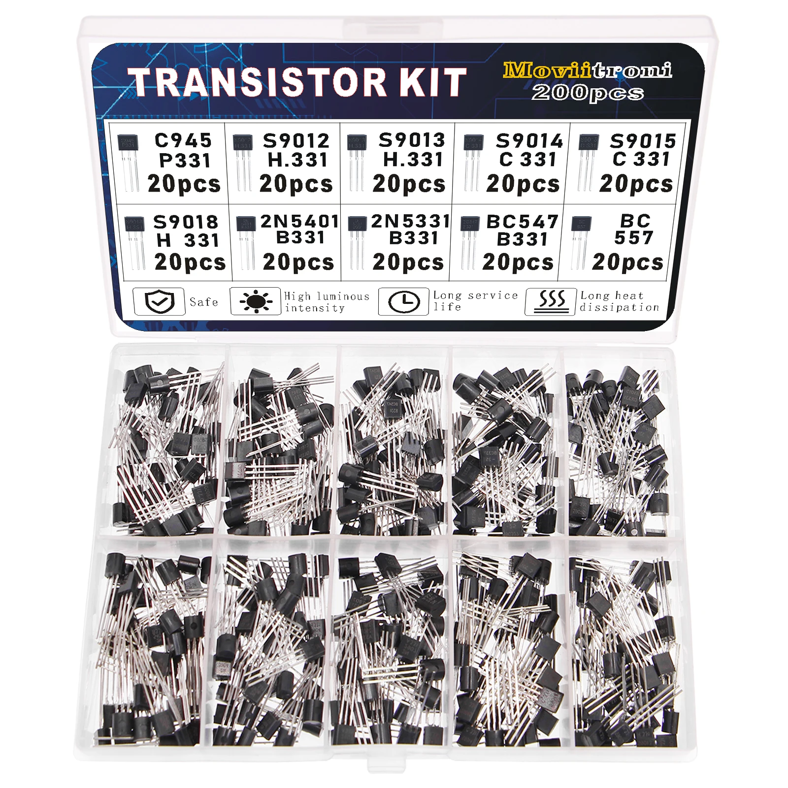 200 stks BJT Transistor Kit Bipolaire Power Transistors A1015 BC327 BC337 C1815 S8050 S8850 2N2222 2N2907 2N3904 2N3906 PNP NPN