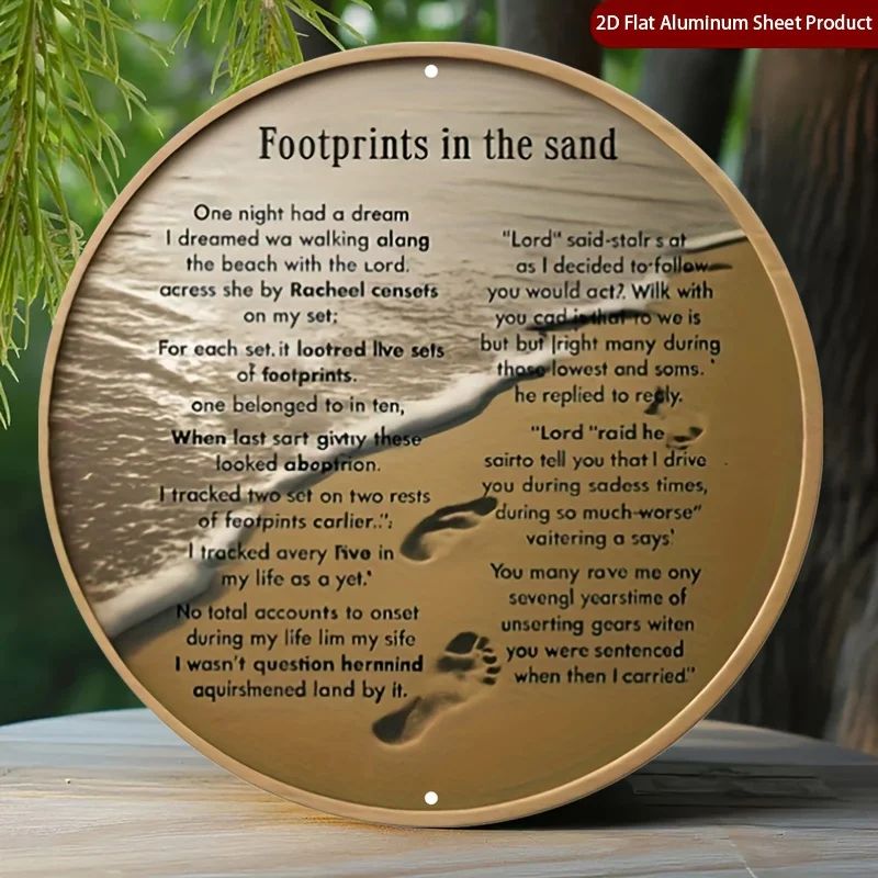 Panneau en métal avec poème Footprints In The Sand et scène de plage - Plaque murale vintage en métal durable, décoration murale pour la maison, le bureau, le bar, la cave des hommes