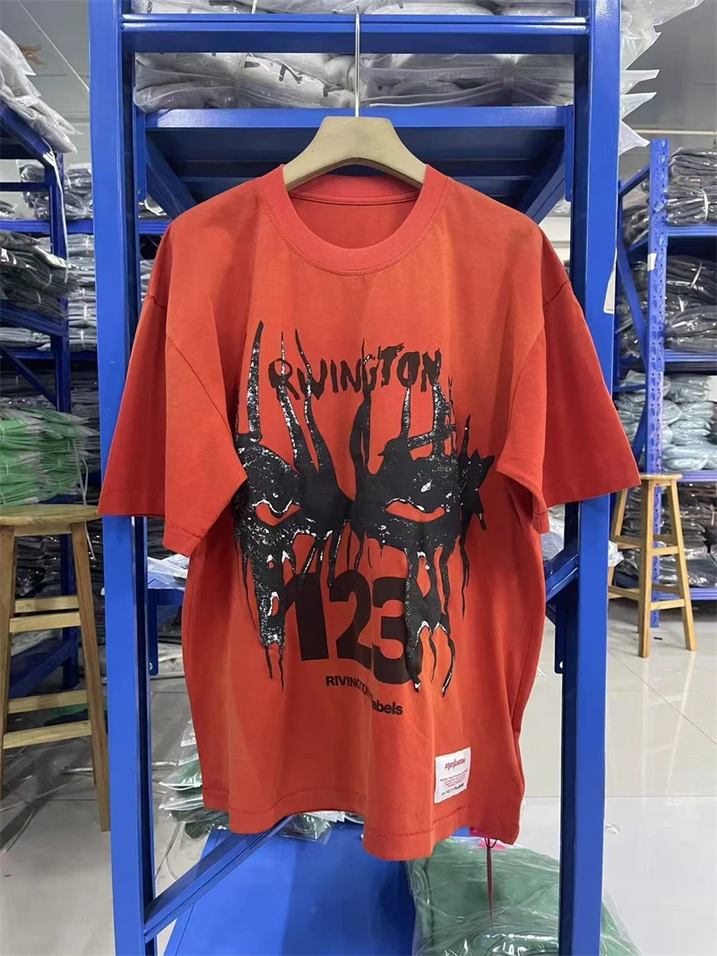 New Summer RRR123 Pattern Print Vintage Street Casual Loose Cotton Washed Short Sleeve Trendy Sports Orange T-shirt Oversize